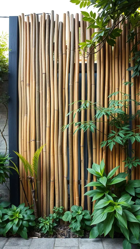 Bamboo privacy screen with green plants in a serene setting