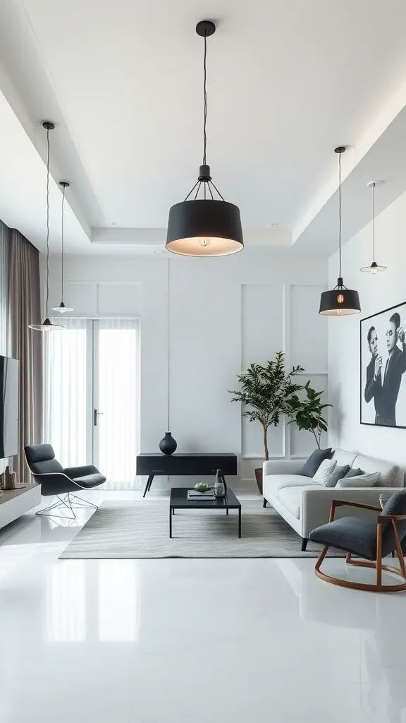 A modern living room featuring calming black and white lighting fixtures, with pendant lights hanging from the ceiling and a stylish decor.