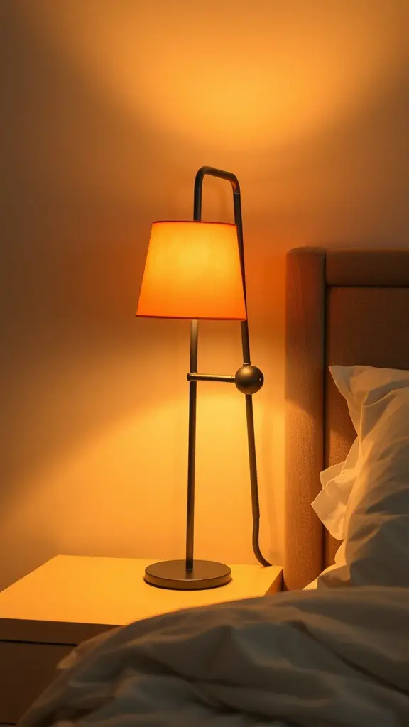 A stylish table lamp with an orange shade illuminating a cozy bedroom setting.