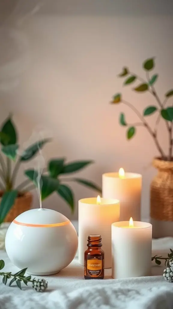 A serene living space featuring a bathtub, plants, candles, and earthy decor.