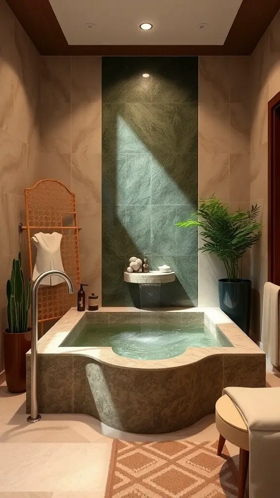 A modern bathroom featuring a calming water feature with a waterfall, neutral tones, and natural materials.