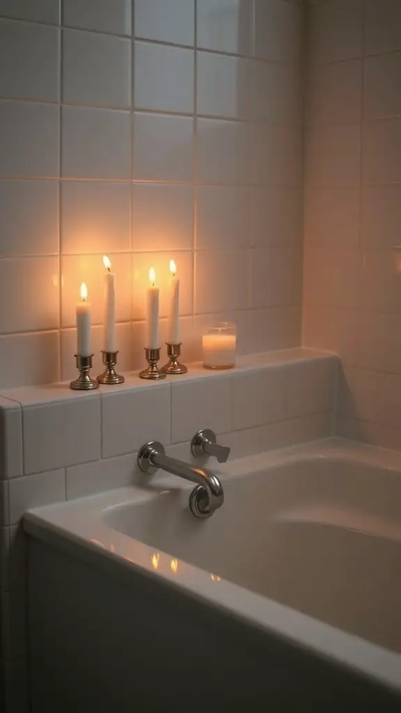 A serene bathroom scene with lit candles on the edge of a bathtub.