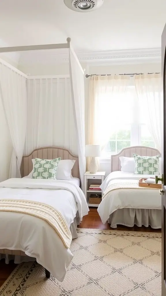 A stylish canopy bed with curtains in a small room, featuring a black metal frame and soft, light-colored bedding.