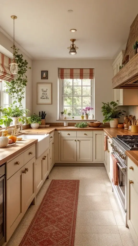 Cozy kitchen featuring peach carpet tiles, white cabinets, and warm wood accents.