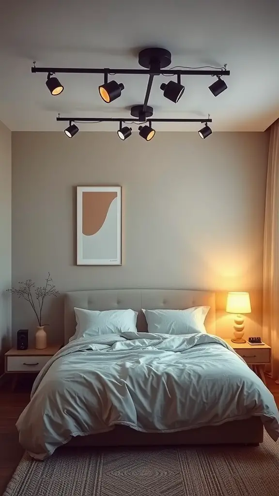A cozy bedroom with a ceiling-mounted track light system featuring multiple adjustable lights