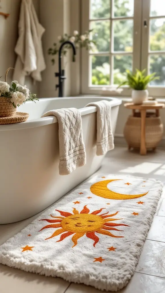 A celestial-themed bath mat featuring a sun and moon design, placed in a bright bathroom with a vintage bathtub.