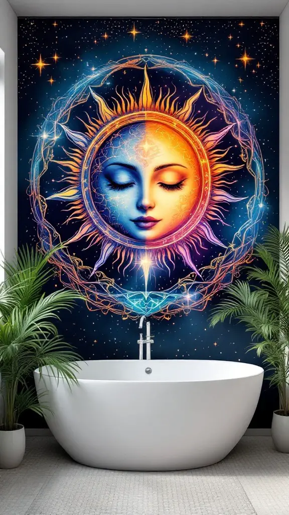 A beautiful celestial mural featuring a sun and moon design in a bathroom.