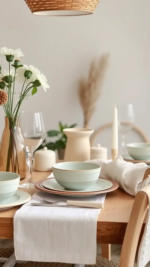 A beautifully set dining table with ceramic dishware in natural hues, featuring bowls and plates with elegant golden rims, complemented by greenery.