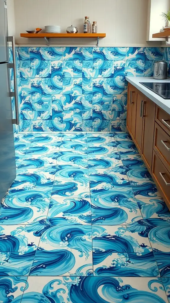 Ceramic tiles with ocean wave patterns in a beach house kitchen.