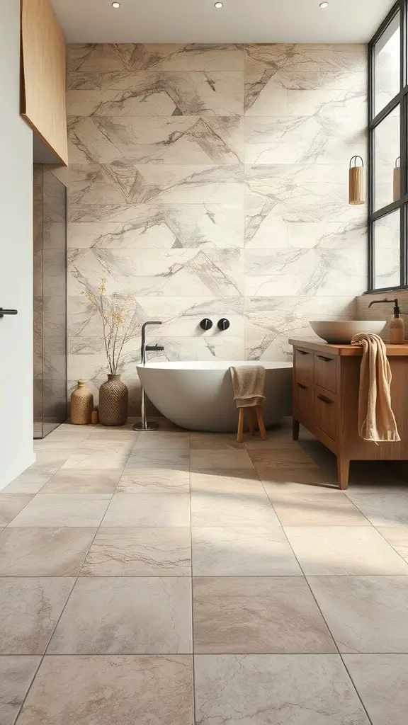 A bathroom featuring light beige ceramic tiles with black grout lines, showcasing a modern and earthy design.