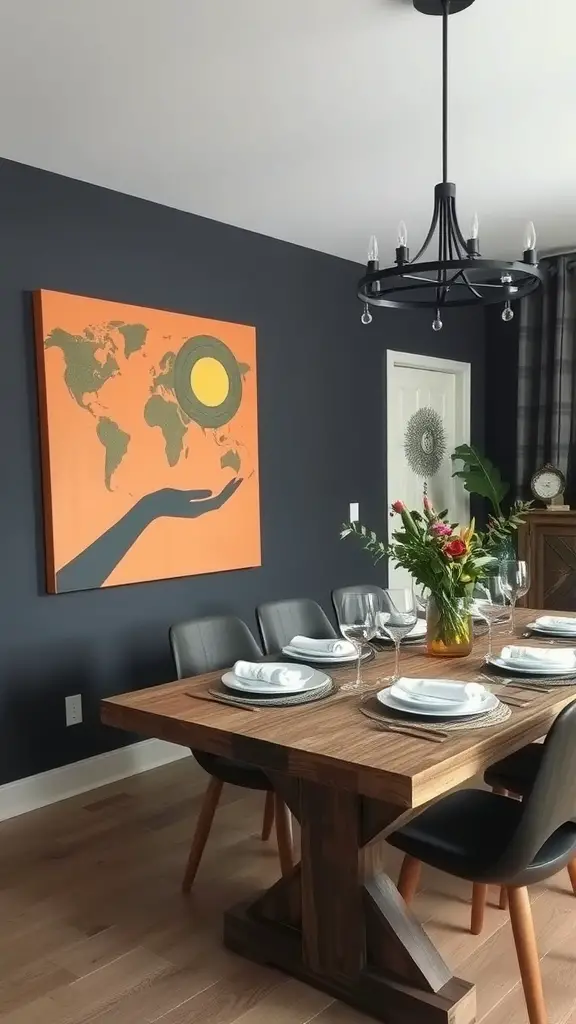 A modern dining area featuring a large wooden table with upholstered chairs, charcoal gray walls, and simple decor.