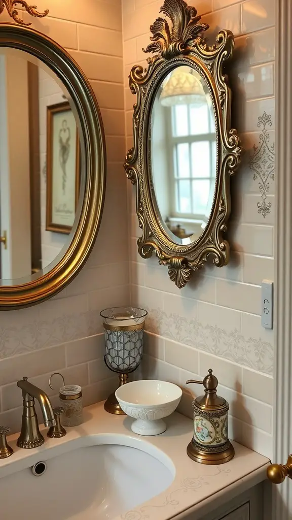 Decorative mirrors and soap dishes in a charming French bathroom