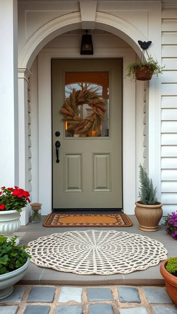 A charming crochet door mat at a home's entrance, surrounded by flower pots and a lovely door wreath.
