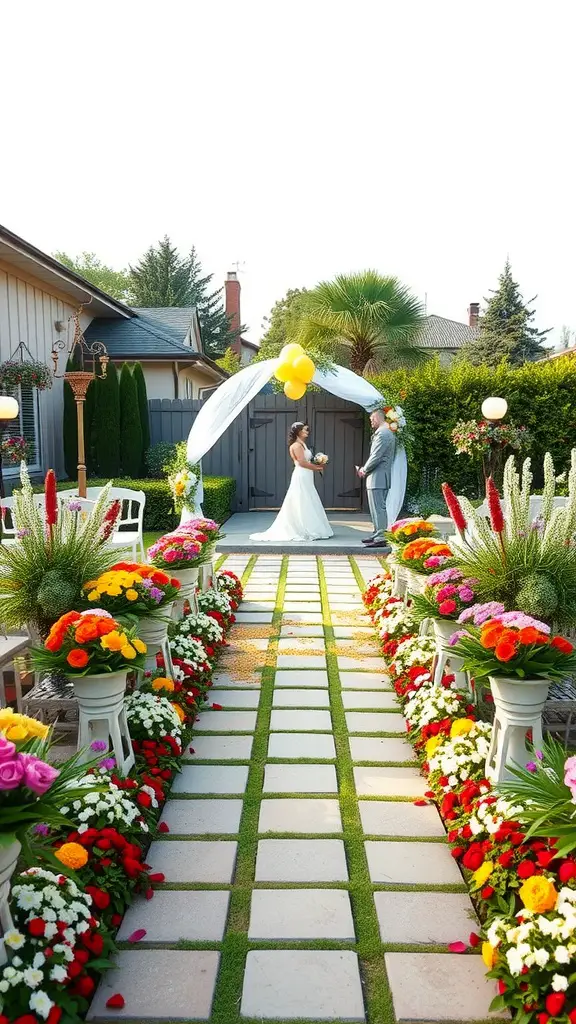 A beautiful floral pathway leading to a wedding altar with vibrant flowers and a couple standing under a white canopy.