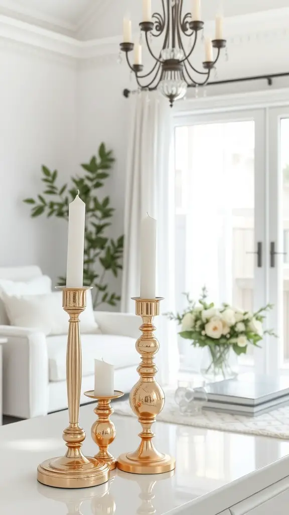 Two elegant gold candle holders on a white coffee table