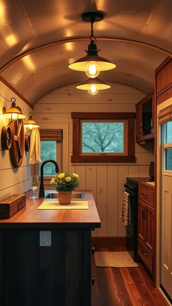 Cozy camper with charming lighting fixtures at night