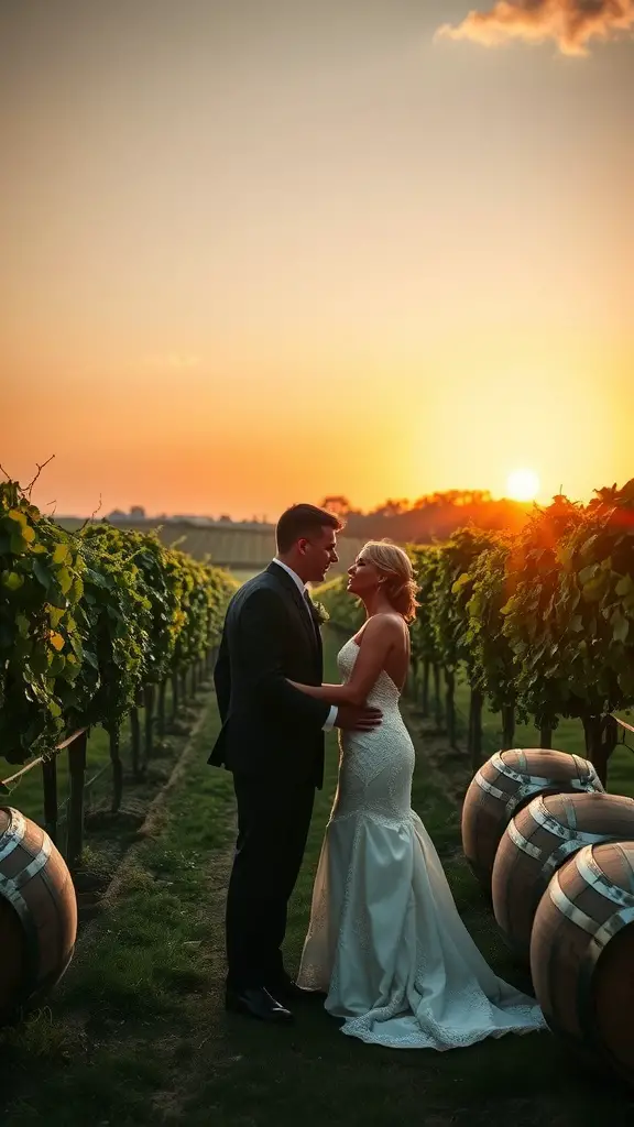 A couple in wedding attire standing in a vineyard at sunset, surrounded by grapevines and wooden barrels.