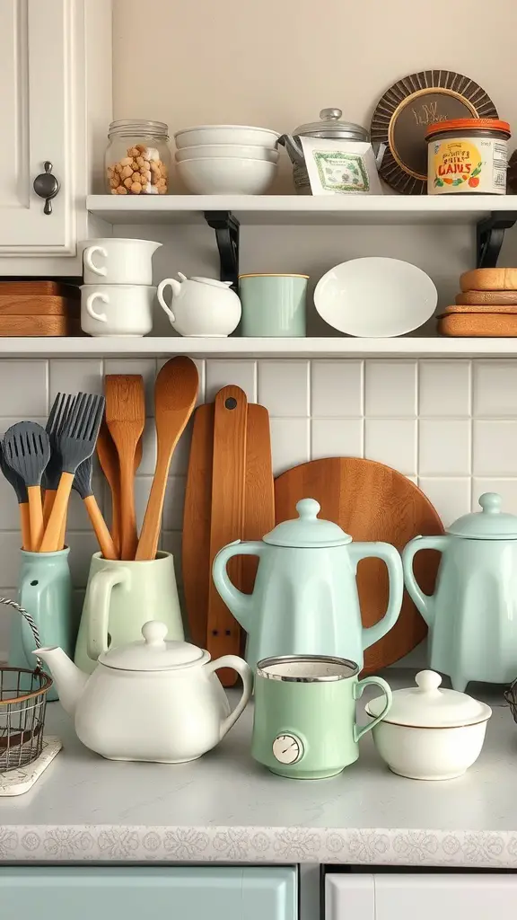 A rustic kitchen countertop displaying vintage tea pots, utensils, and wooden accessories.