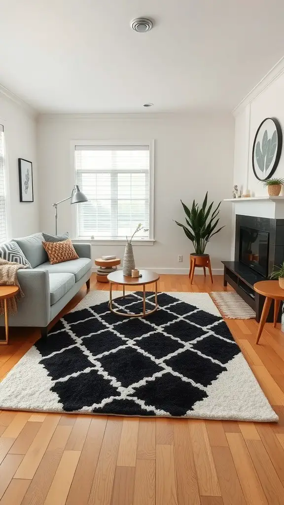 Stylish black and white geometric rug in a modern living room