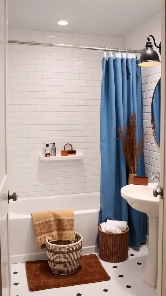 Bathroom featuring blue shower curtains, white tiles, and chocolate accessories.