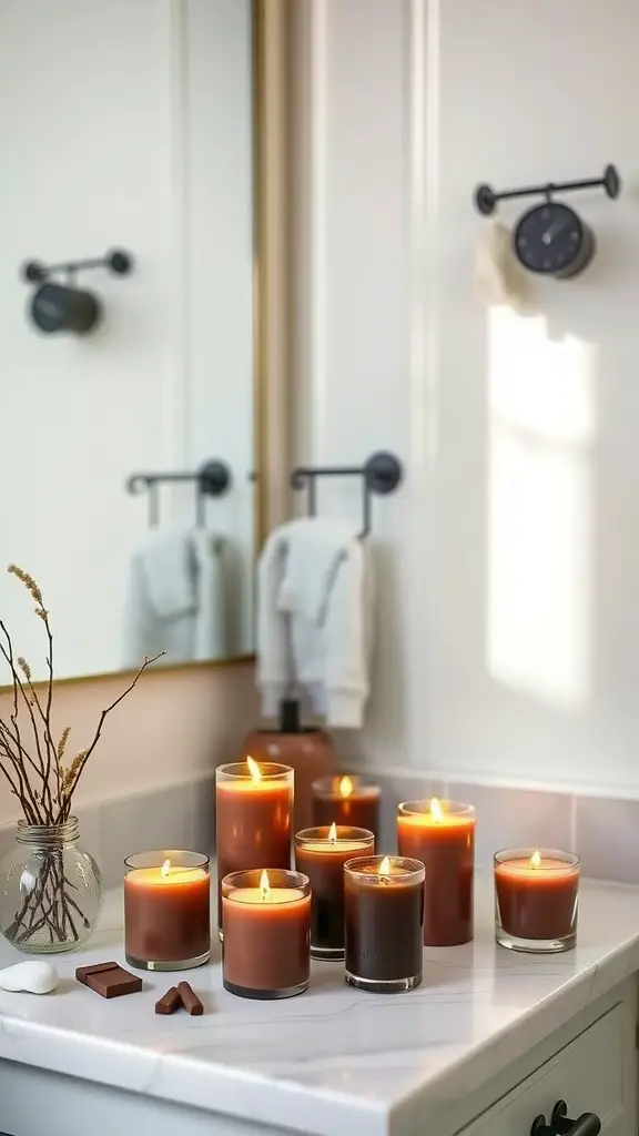 A stylish bathroom countertop featuring an arrangement of chocolate-colored candles in various heights, along with some chocolate pieces and a small vase with dried branches.