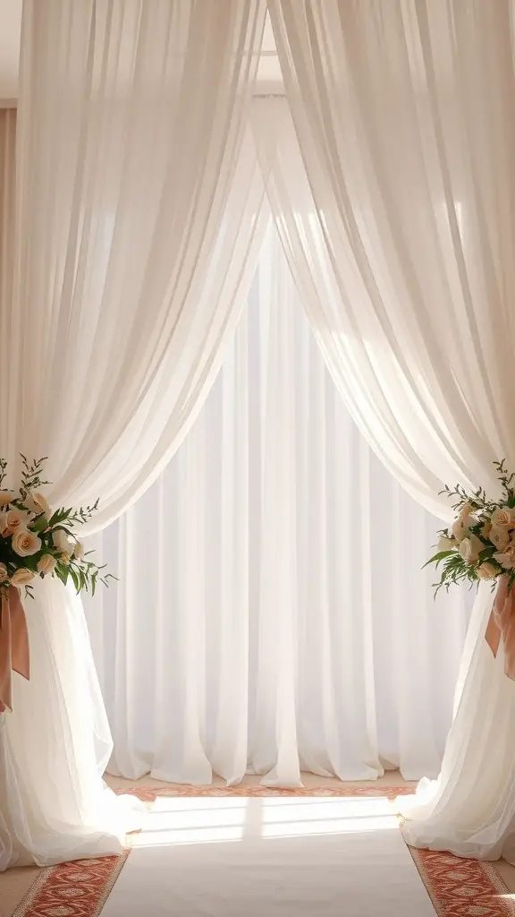 Draped white fabrics framing a wedding ceremony with floral arrangements on each side