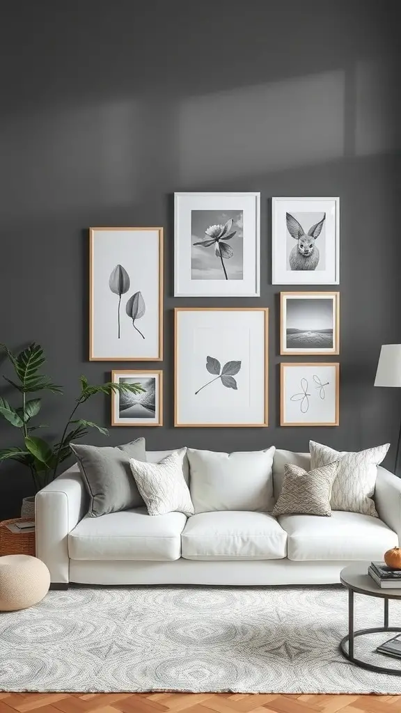 Chic grey and white gallery wall with framed art above a white sofa