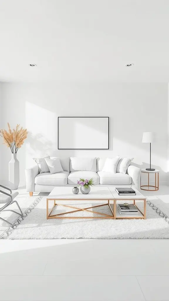 Minimalist living room featuring a chic coffee table, a cozy couch, and soft textures.