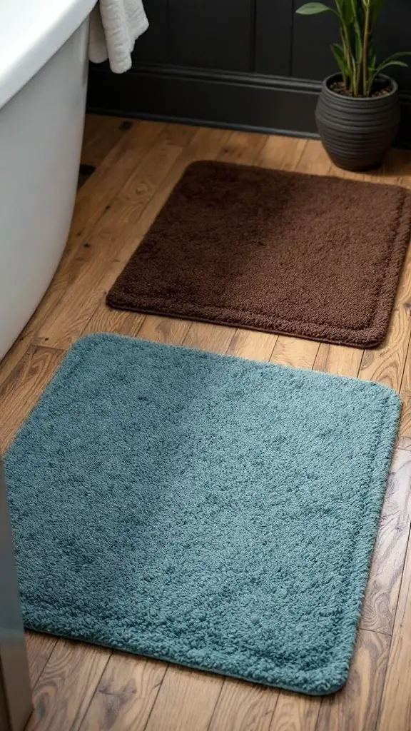 Teal and chocolate bath mats placed on a wooden floor near a bathtub