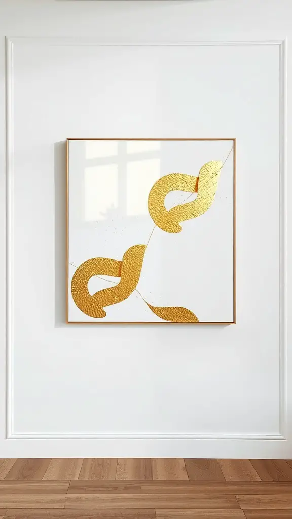 Contemporary gold and white abstract wall art on a white wall
