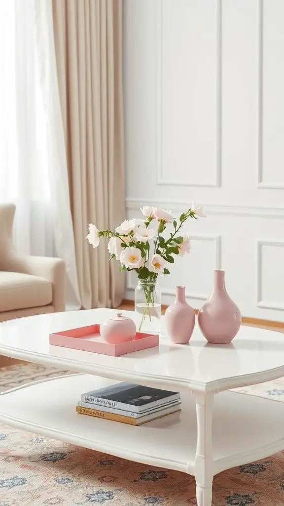 Chic white coffee table styled with pink accessories, including vases and a tray, in a bright living room.