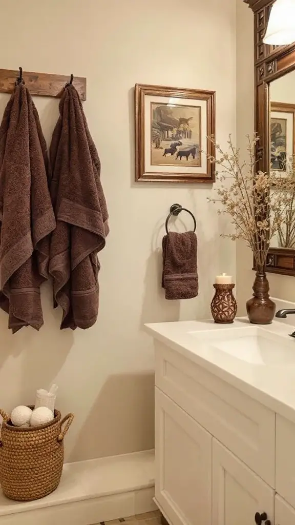 A stylish bathroom featuring chocolate accents with brown towels, a patterned rug, and decorative wall art.