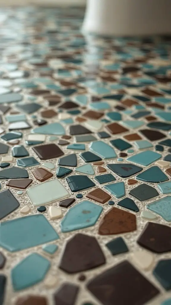 A vibrant mosaic tile floor in a bathroom, featuring teal and chocolate colored tiles.
