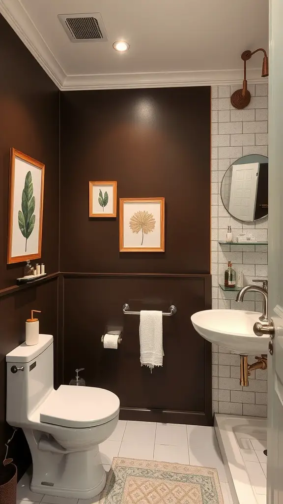 A cozy bathroom featuring a chocolate brown accent wall with framed leaf prints, light tiles, and a stylish sink.