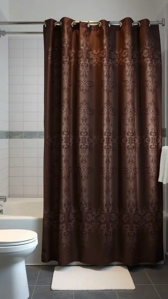 Chocolate brown shower curtain with intricate design in a bathroom setting