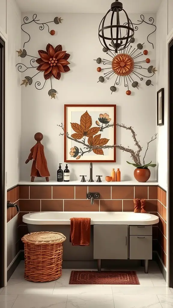A bathroom featuring chocolate brown themed artwork and decor, including floral designs and earthy tones.