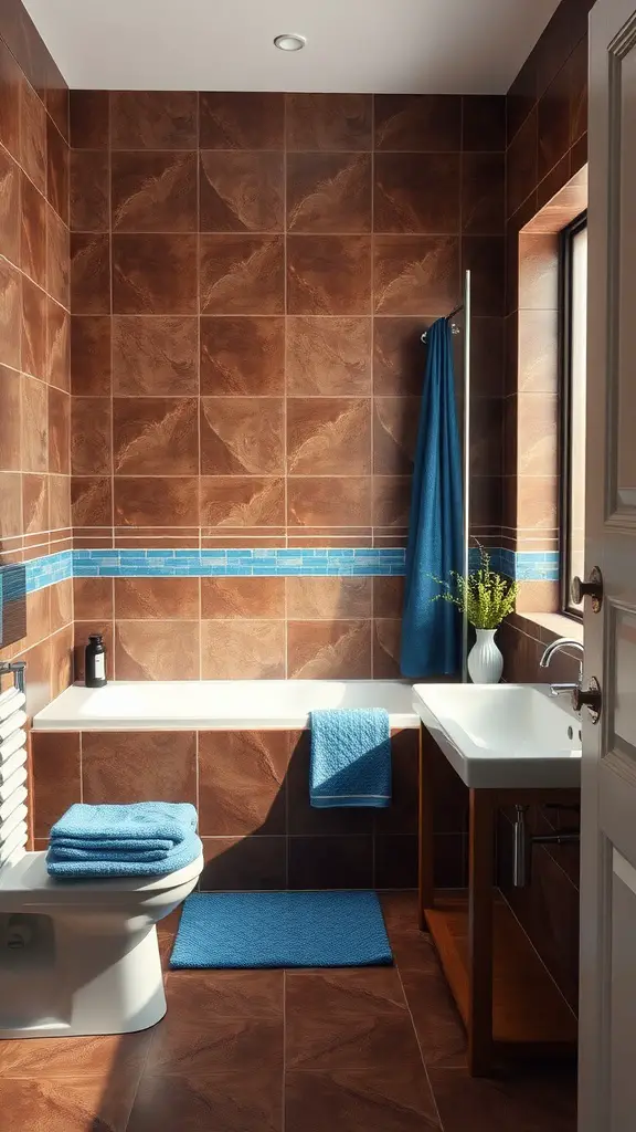 Bathroom featuring chocolate brown tiles and blue accessories