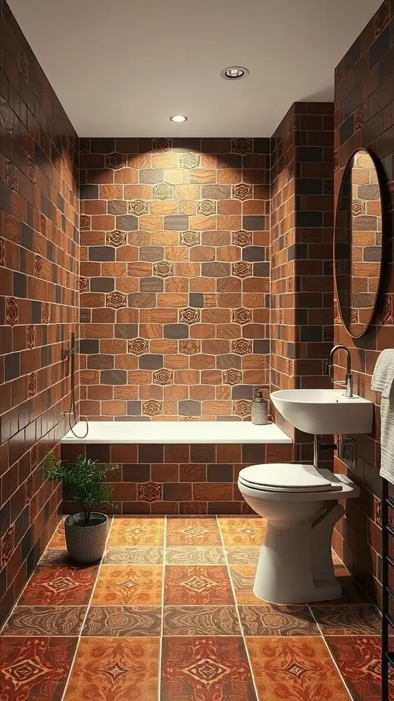 Bathroom with chocolate brown tiles on walls and floor, featuring a bathtub, sink, and a round mirror.