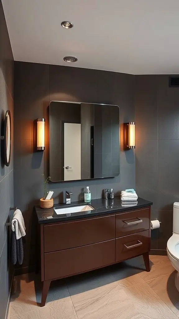 A modern bathroom featuring a chocolate brown vanity, stylish fixtures, and warm lighting.