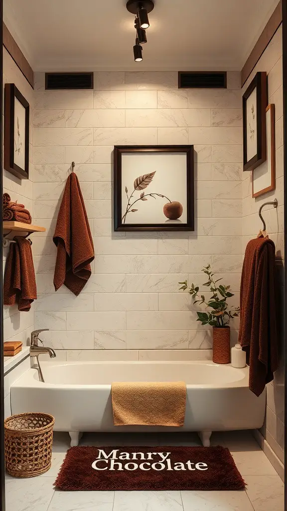 A cozy bathroom with chocolate-inspired decor, featuring brown towels, a bath mat with 'Manry Chocolate', and natural elements.