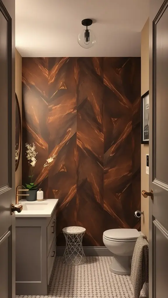 A bathroom featuring chocolate-toned accent walls with a chevron pattern, contrasting white vanity, and modern decor.