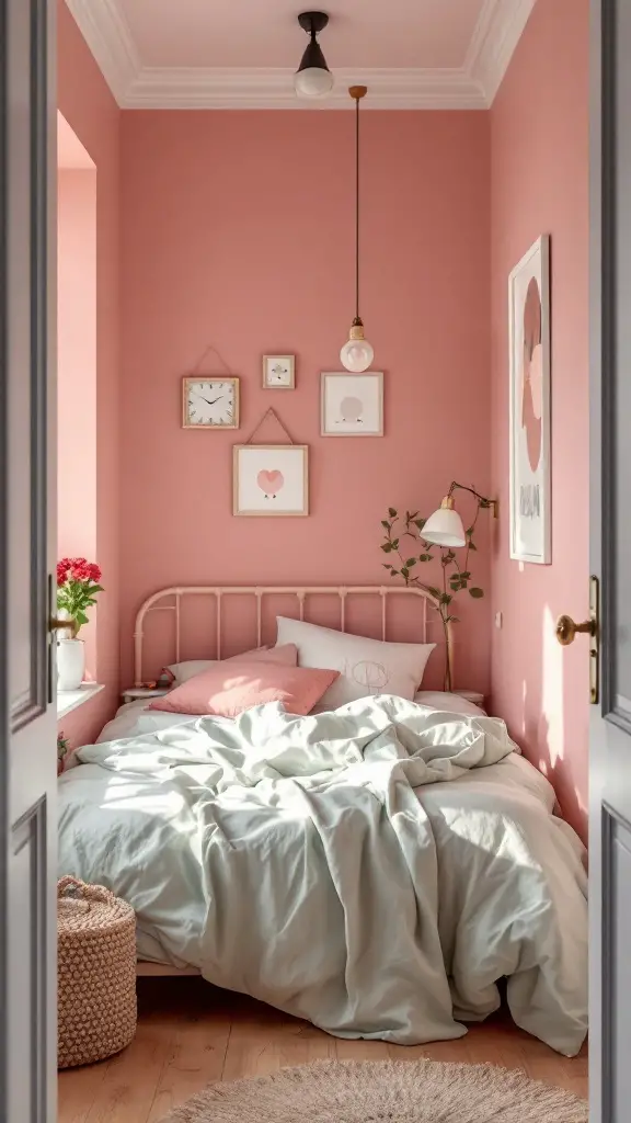Cozy tiny bedroom with light pink walls and minimal furniture, showcasing a light color palette