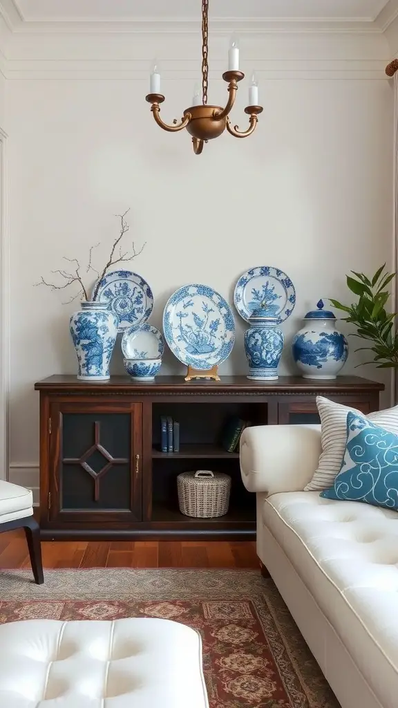 A living room featuring blue and white china accents displayed on a wooden sideboard, with a plush white couch and a touch of greenery.
