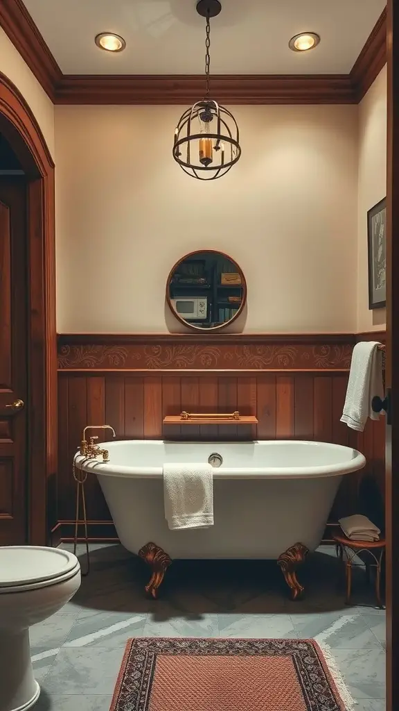 A cozy bathroom with classic brown wood features, including brown cabinetry and herringbone flooring, complemented by white tiles.