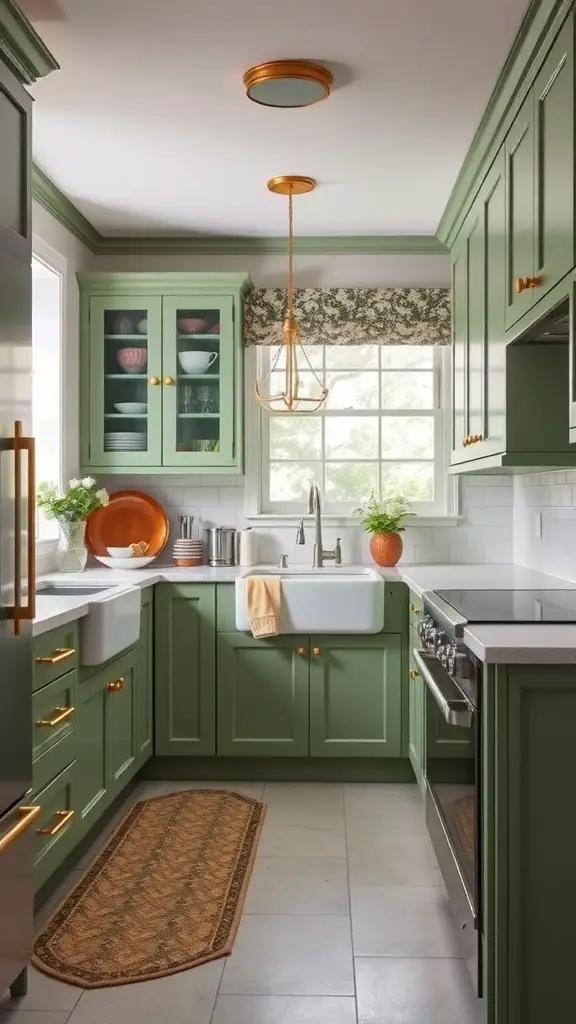 Kitchen featuring classic fern green cabinets with gold hardware and natural lighting