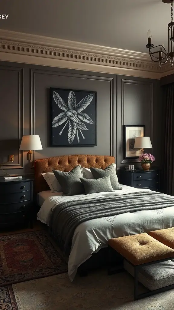A classic masculine bedroom featuring deep wall colors, a tufted bed, and sophisticated textiles.