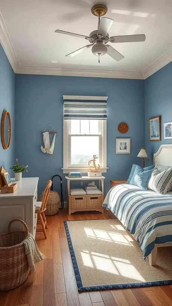 A serene nautical-themed teen bedroom with blue walls and striped bedding.