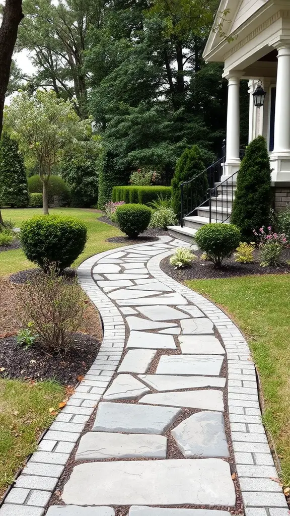 A curved stone walkway leads to a house, surrounded by greenery and flowers.