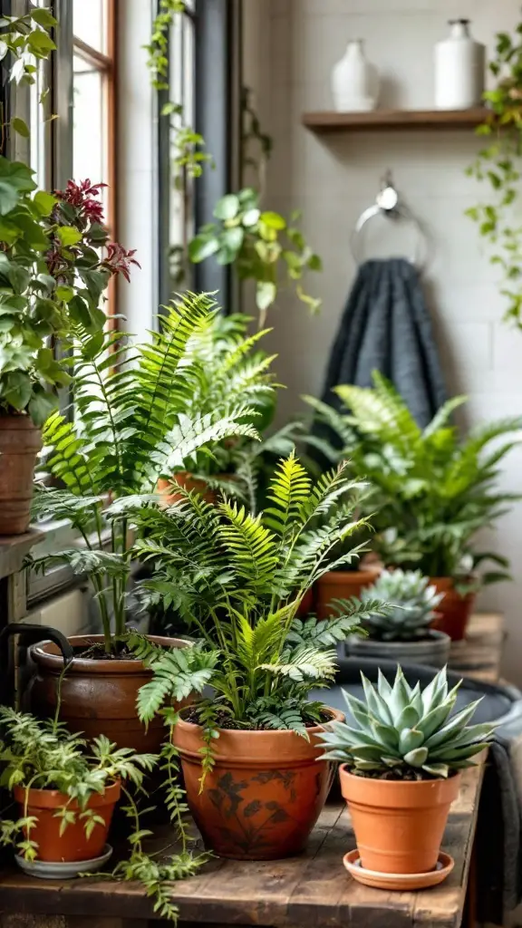Clay pot planters with various green plants arranged in a cozy bathroom setting