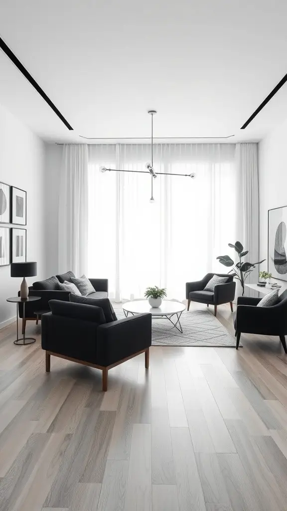 Minimalist living room featuring black furniture, natural light, and simple decor